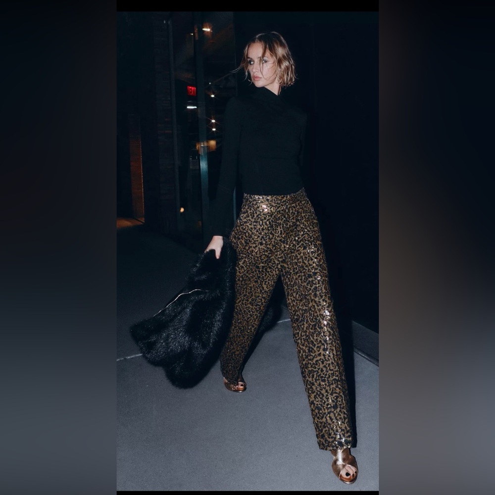 Zara Gold Sequin Leopard Print Wide-Leg Trousers